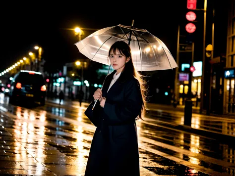 Woman carrying umbrella in rainy and lonely weather, in the middle of the street, at night