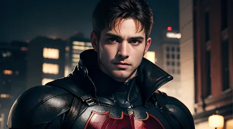 ((Men only)), (head shot), (face only),  (handsome muscular man in his 20s), (batman), (Batman's appearance is characterized by a cowl, cape, and suit, adorned with a red distinctive bat emblem,), (Chris Redfield), (Mischievous smile), (detaile: 1 in 1), N...