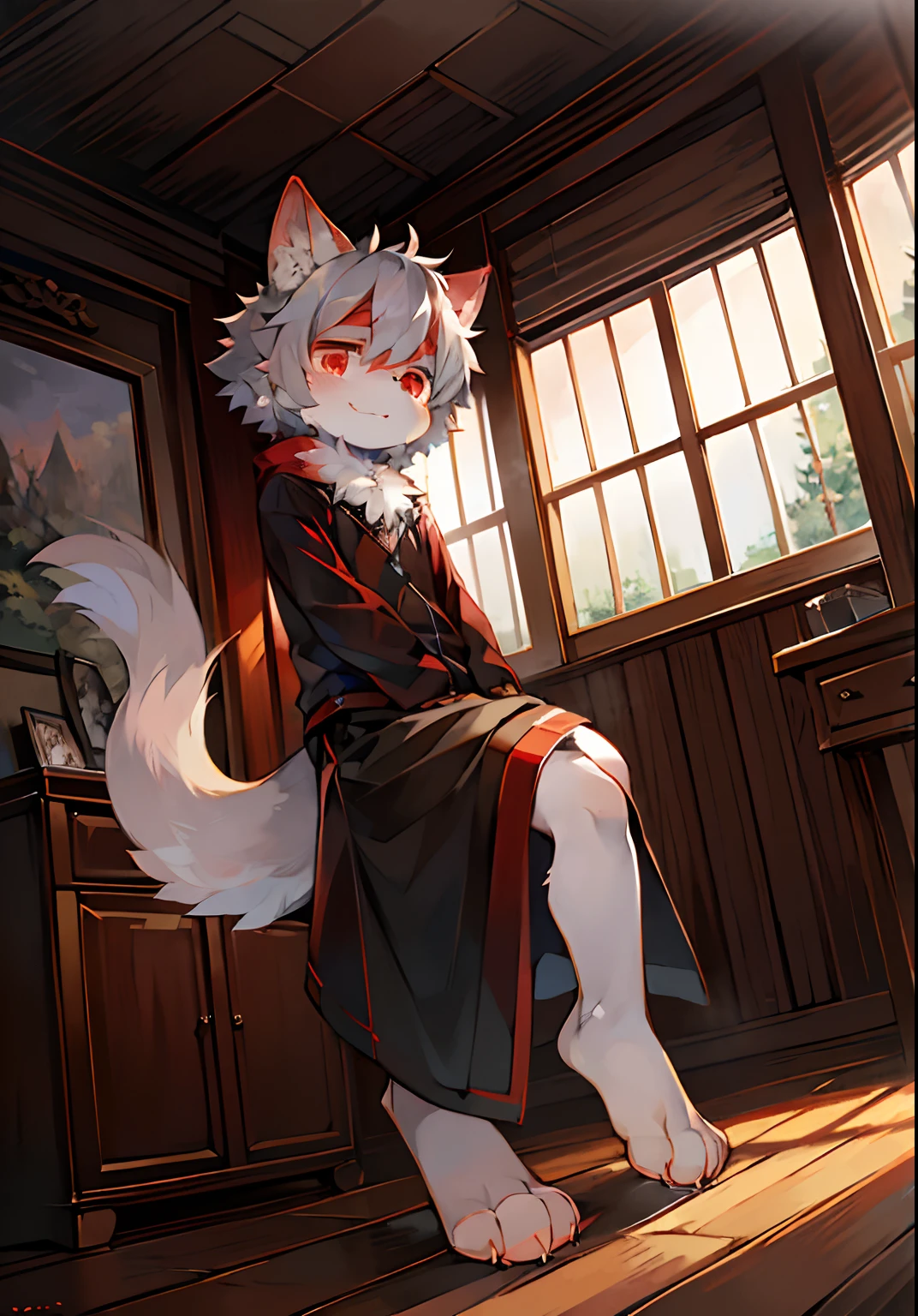 (dark environment:0.8),masterpiece,high quality,abstract res,digital painting\(artwork\), by Dagasi, yupa,kiyosan,(anthro,fluffy fur,character focus:1.1),anthro male cat,short hair,portrait , eyes with brightness, in a panoramic view, Character focus.(detailedbackground:0.7), solo, shaggy, shaggy male, malefocus, anthr,(Full Body Furry, Fluffy tail, White fur, red color eyes, Gray hair:1.2), (long canines：1.2），（interiororning、ln the forest、：1.1）