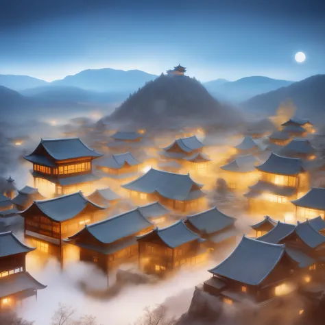 Chinese Ancient Times，Village night，(((Overlooking the perspective)))，mountain ranges，themoon，the night