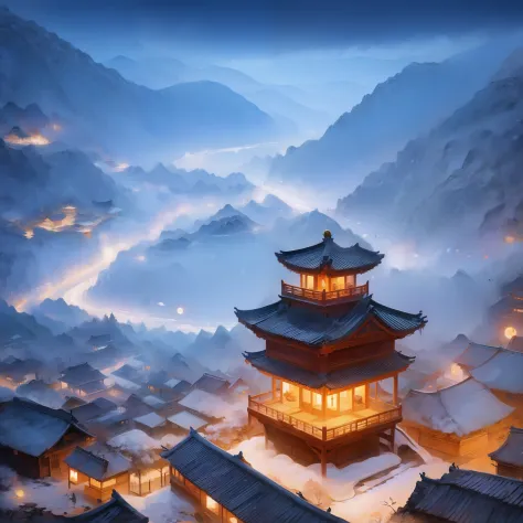 Chinese Ancient Times，Village night，(((Overlooking the perspective)))，mountain ranges，themoon，the night