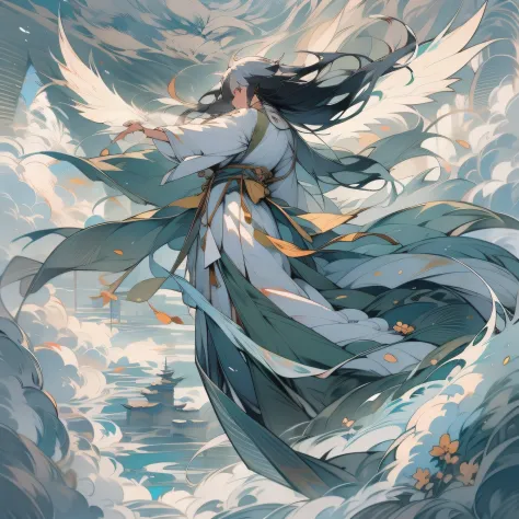 Flying Fairy，Back shadow，Green water and green mountains，Royal Sword Flight，long hair flowing，surrounded by cloud，Taoist robes a...