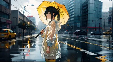 Summer streets，A gentle breeze，Black single ponytail，Anime shoujo，White sweatshirt，denim short，Yellow rain boots，Holding an umbr...