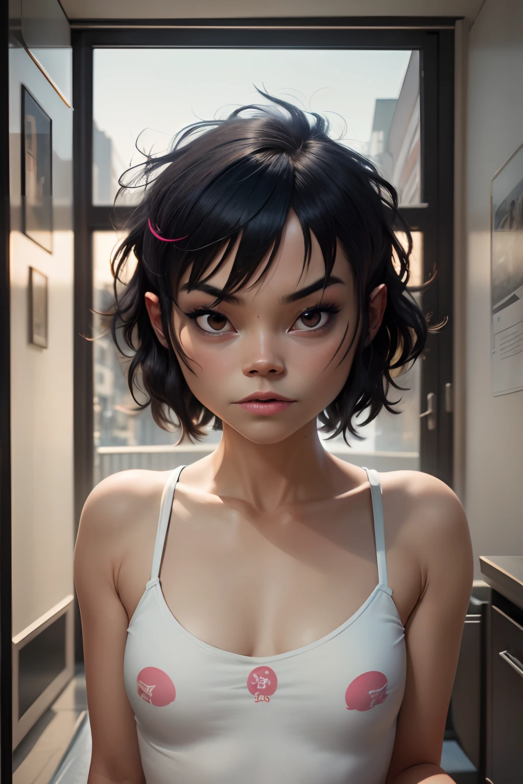 masterpiece, best quality:1.2), noodle (gorillaz), black hair, 1girl, streaked hair, black eyes, multicolored hair, bangs, parted lips, breasts, small breasts, bob cut, 1girl, 1boy, giving handjob, handjob, dick, White background, masterpiece, best quality, absurdres, highres, 4k, ray tracing, perfect face, perfect eyes, intricate details, highly detailed,