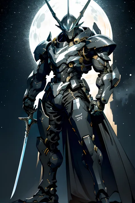 "Giant exoskeleton robot，Strong posture，hight contrast，Black and white body，Starry sky color，Partial dragon features，Huge two-handed sword，Kamen Rider，Clench a fist in one hand，One hand holds a sword。"