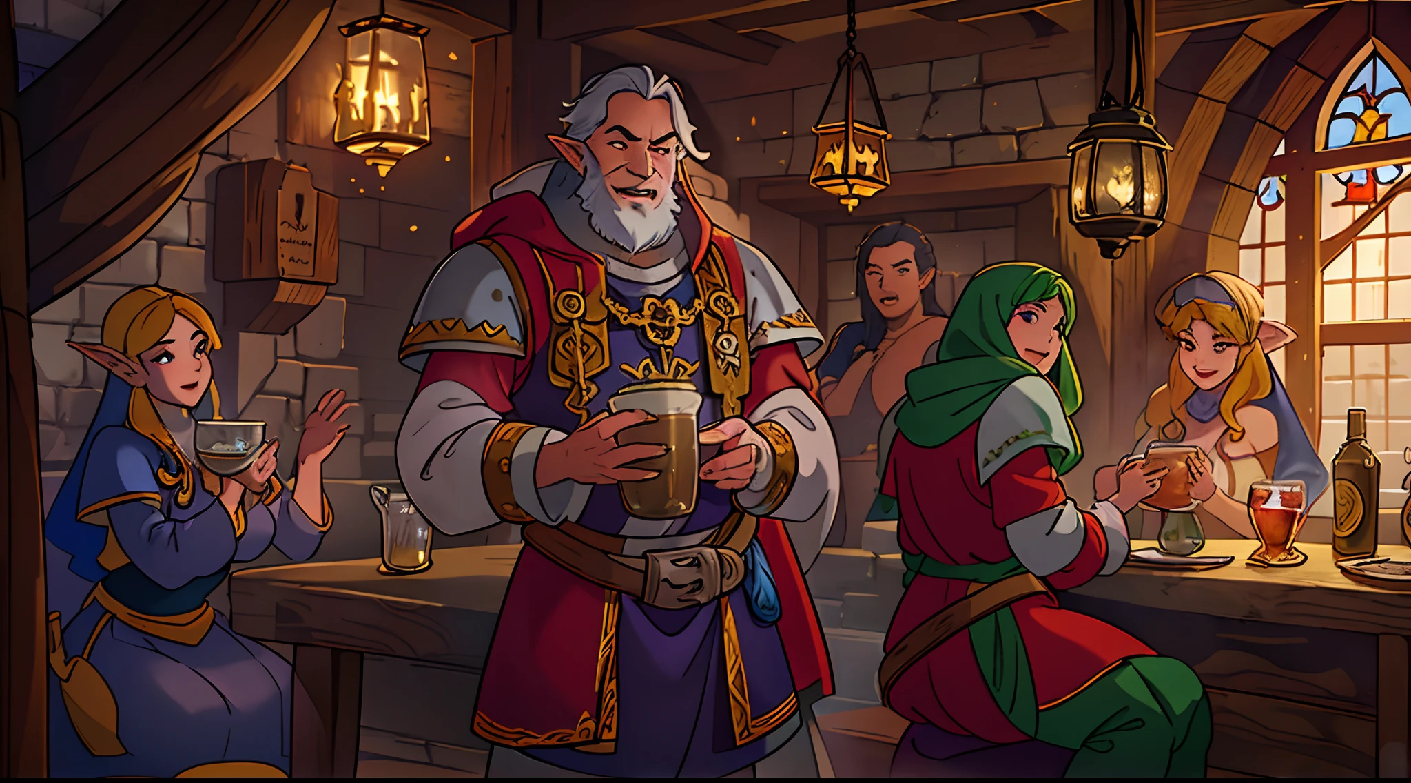 Inside a charming medieval tavern, an eclectic band of adventurers finds solace and celebration. The elven healer's serene presence is complemented by the human priest, who offers a heartfelt blessing over their drinks. A boisterous dwarf warrior raises his tankard with a hearty cheer, recounting tales of battles fought, while the nimble female thief observes from the shadows, her eyes glinting with cunning. Together, they weave an unforgettable night of camaraderie, laughter, and shared stories in the heart of a world touched by both magic and faith