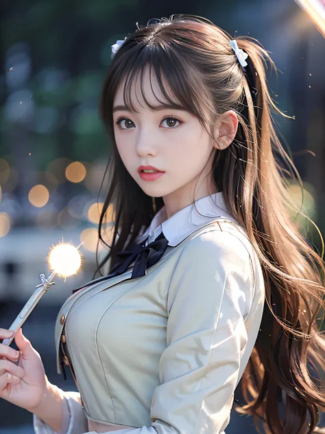 top-quality、​masterpiece、超A high resolution、(Photorealsitic:1.4)、Raw photo、Detailed CG image quality、cyberpunked、Beautiful fece、(1 Magical Girl)、sixteen years old, (Twin-tailed black hair:1.4), (White ribbon stopping hair), (Platinum Silver Accessories:1.4...