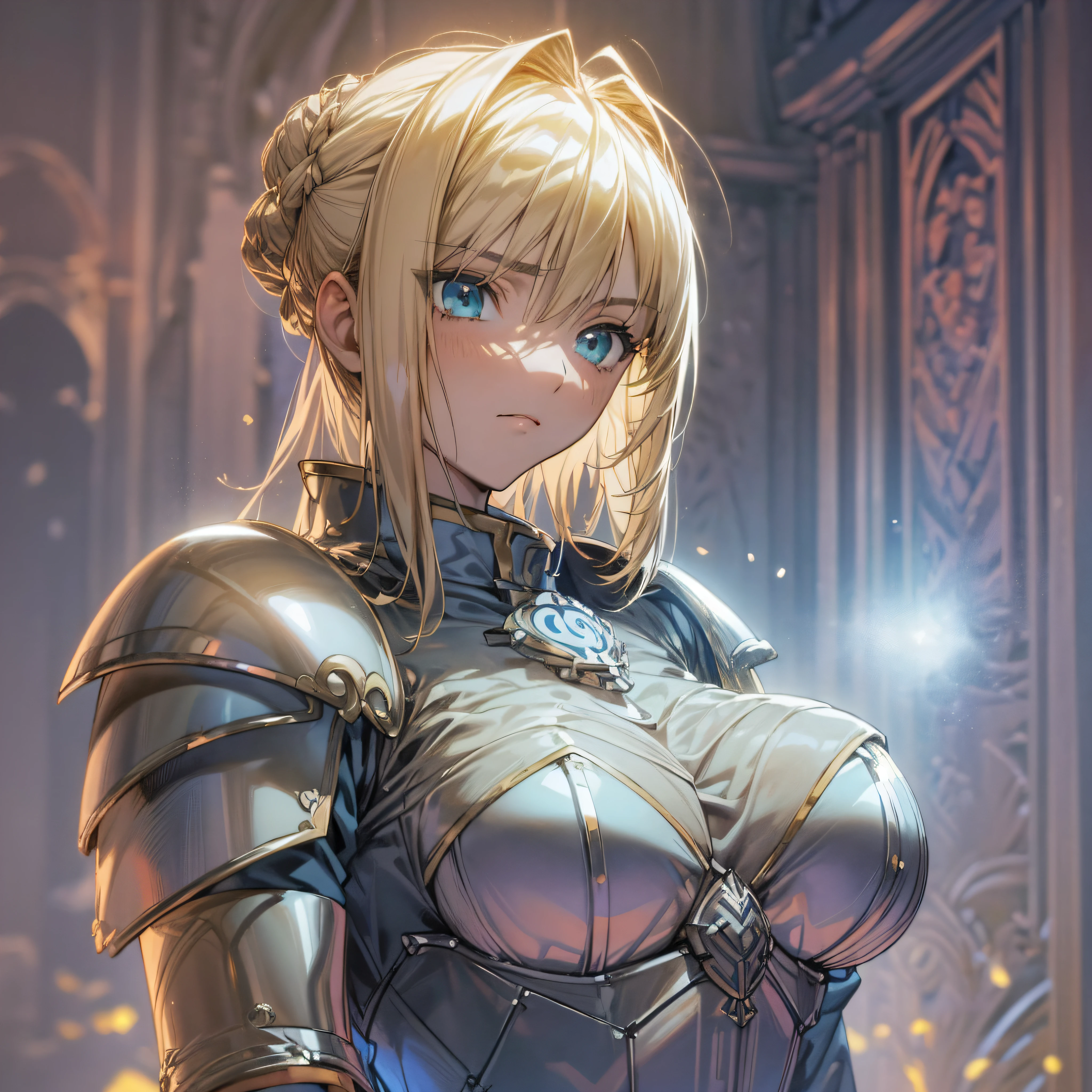 Artoria Pendragon \ (Destino\, obra maestra, mejor calidad, Alta resolución, ultra detallado, libro de arte, colorante animado, CG, ilustración, fantasía, 1 chica, Solo, Sangre, enfoque masculino, mirando a la audiencia, Artorian Pendragon \ (Destino\), armadura, hermoso rostro y ojos detallados, cuerpo completo , Luz solar suave ,ambiente cálido, Figura capaz y esbelta, pechos grandes ,Dinámica diestra, Luz circundante tenuemente iluminada reunida en Maiden, Grecia --auto --s2