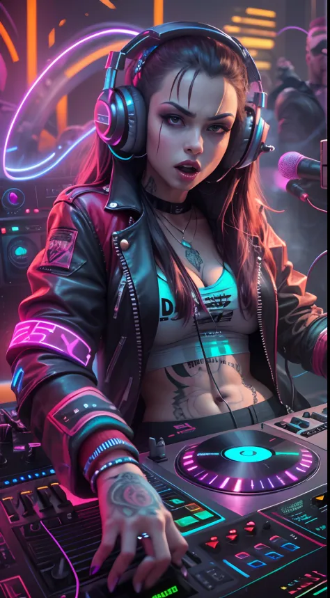 Colorful, hyper-realistic , cyberpunk, Psychedelic vampire female DJ plays dj instruments very crazy, looks intense, unlimited energy, full of passion, expression is so extraordinary, wearing vampire clothes integrated with modern cyberpunk dj costumes, co...