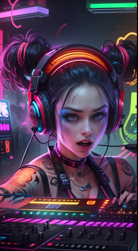 Colorful, hyper-realistic , cyberpunk, Psychedelic vampire female DJ plays dj instruments very crazy, looks intense, unlimited energy, full of passion, expression is so extraordinary, wearing vampire clothes integrated with modern cyberpunk dj costumes, co...