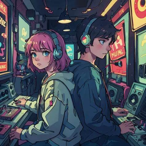 a boy and a girl are listening to music with headphones together in an old vinyl store, a room with a lot of singer poster, 80s ...