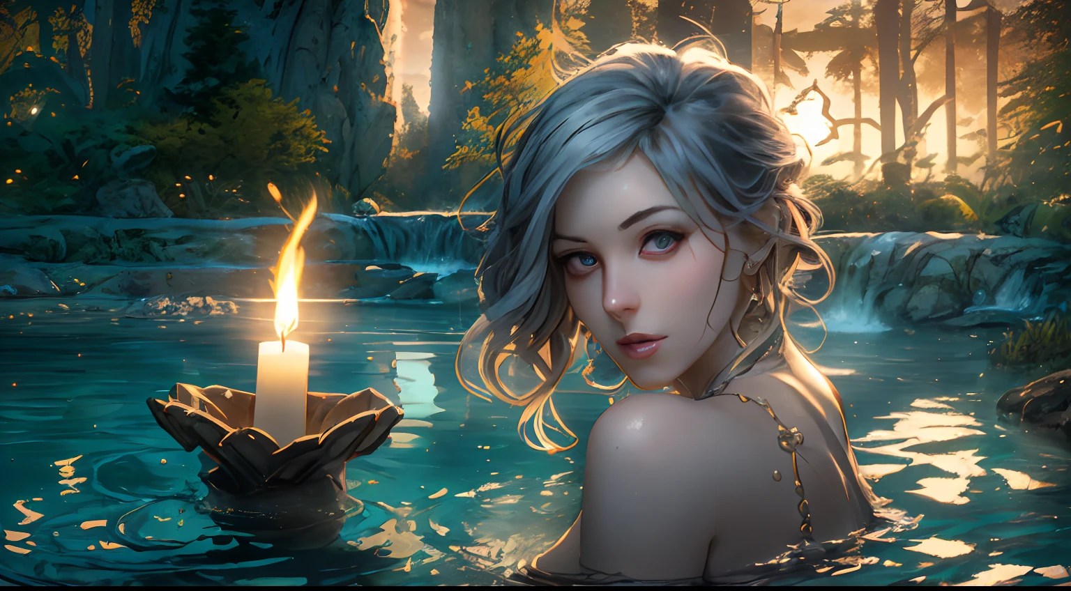 high details, best quality, 16k, [best detailed], masterpiece, best quality, (extremely detailed), a view from the rear (best details, Masterpiece, best quality), photorealistic, fantasy art, RPG art,  a portrait of a woman sitting in a pool by a waterfall at night, extremely beautiful human woman (best details, Masterpiece, best quality: 1.5), best detailed face (best details, Masterpiece, best quality: 1.3) black hair, long hair,  pale skin, dynamic eyes color, dynamic dressing  (best details, Masterpiece, best quality: 1.3), sitting in a pool  (best details, Masterpiece, best quality: 1.4), waterfall and natural pool in forest clearing  (best details, Masterpiece, best quality: 1.5), candles light  (best details, Masterpiece, best quality: 1.2), fantasy night, moon light, stars, fantasy_night
 fantasy night scenery, sense of serenity, atmosphere of tranquility, High Detail, Ultra High Quality, High Resolution, 16K Resolution, Ultra HD Pictures, Ultra Realistic, Clear Details, Realistic Detail, Ultra High Definition