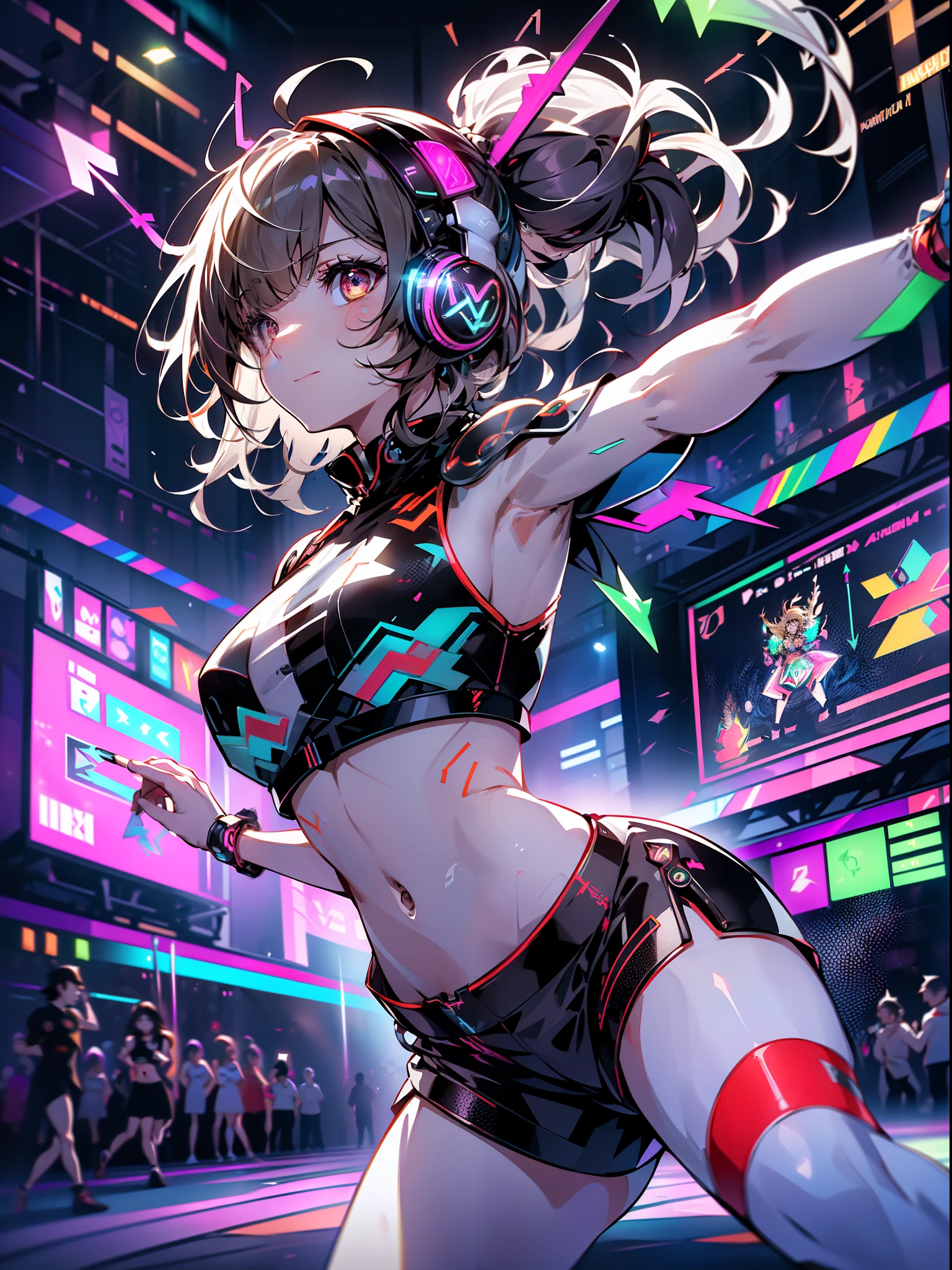 (8K, Best Quality: 1.4, masutepiece: 1.4, Ultra HD, Top resolution, Very detailed), Professional Lighting, Gray Light Lighting, (Single Girl: 1.4), dance, Artistic jumps, break dance, intense action, Dynamism, ((Multicolored lights illuminate her)), (A series of colorful arrows and symbols projected on the screen:1.6),  (Many speakers stacked on the wall: 2),Cyberpunk, colourful clothes、quirky、Lively exterior、Playful accessories、Creative behavior、Imaginative,voluntary、DJ Headphones, (Fluorescent Dance Floor:1.5), Solo, Fluttering hair, Beautiful woman, a small face, Abs, (asymmetrical bangs, brunette, Upper hair in one eye, Long messy hair), (line up) Cargo pants, Sports Bra, White sneakers), (Thin fingers and thin fingers, Detailed body, detailed arms, Human Hands), (Detailed face), Bottom from low angle, Hot Venue