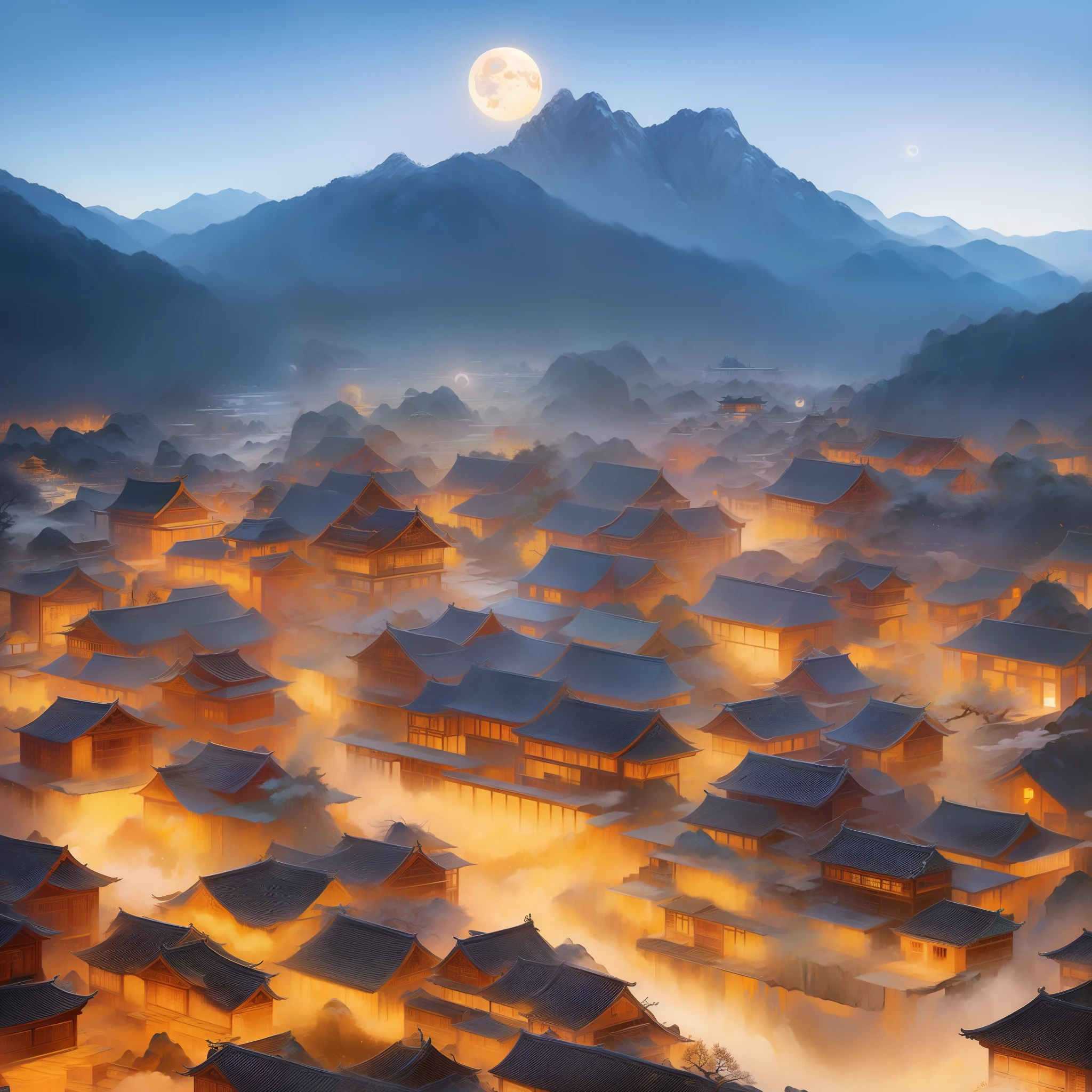 Chinese Ancient Times，Village night，(((Overlooking the perspective)))，（mountain ranges），((themoon))，the night