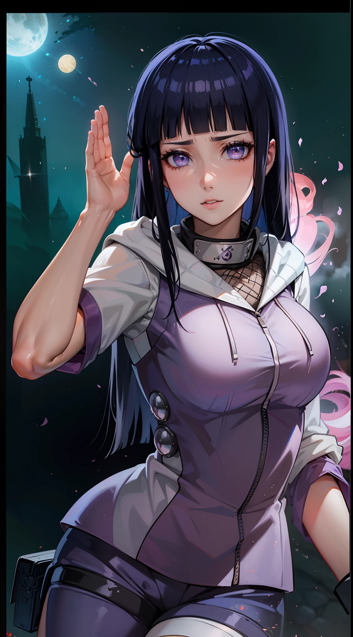 Hyuga Hinata, Bela, ​masterpiece, extremely detaild, best qualityer, best ilumination, best shade, face perfect, glowing white eyes, short dark blue hair with bangs, usando o Manto da Akatsuki, Byakugan, renegade, Manto da Akatsuki, fully body, big boobies, dynamic posts, irritated, sensuous, sexly,