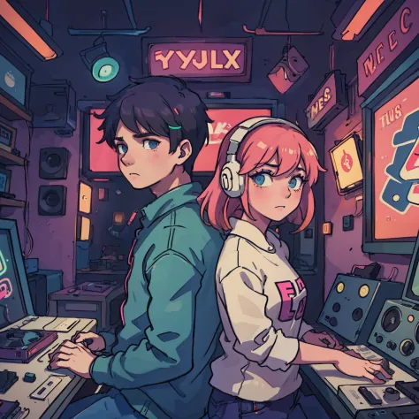 a boy and a girl are listening to music with headphones together in an old vinyl store, a room with a lot of singer poster, 80s ...