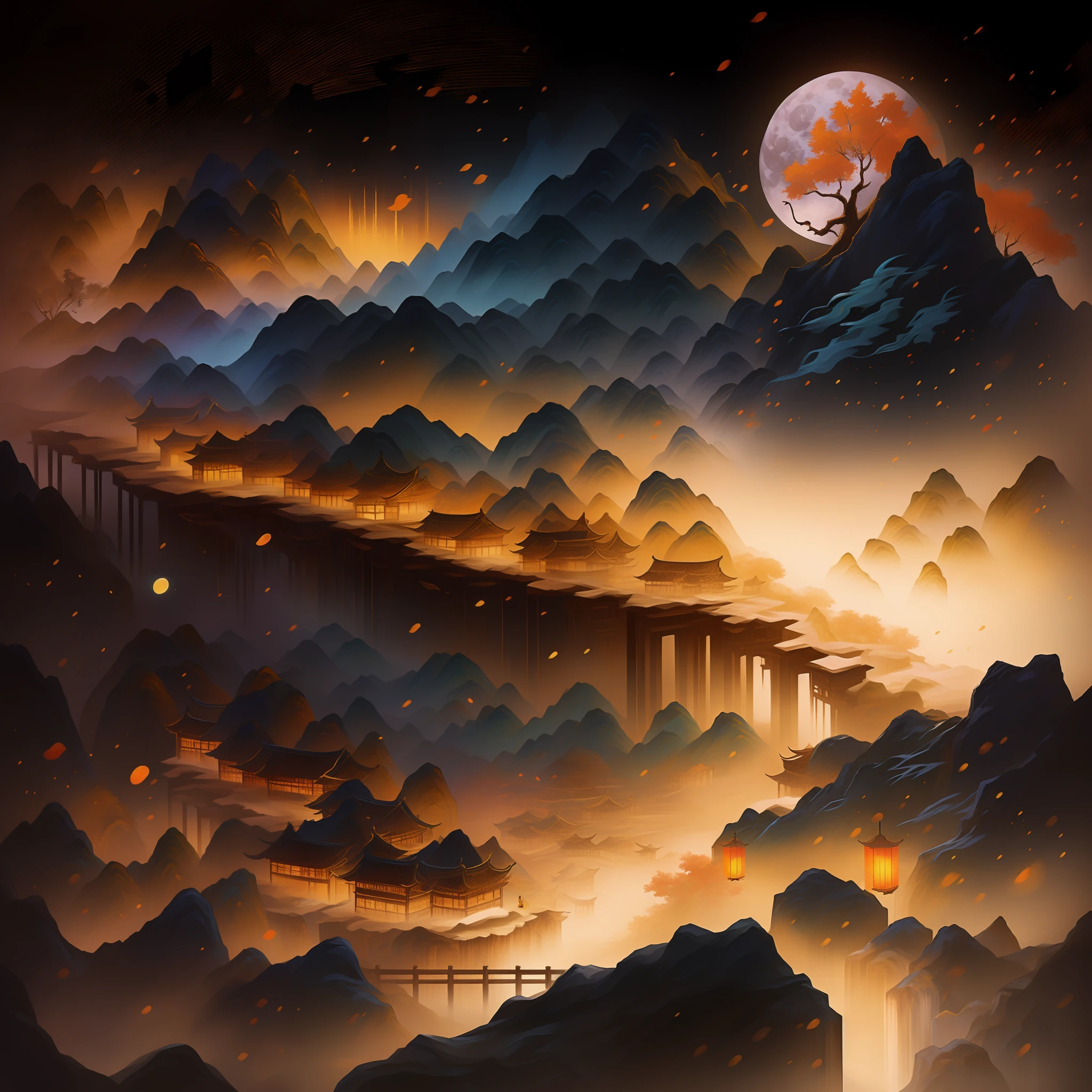 Chinese Ancient Times，Village night，((Overlooking the perspective))，（mountain ranges），((Huge moon))，the night