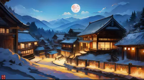 Chinese Ancient Times，Village night，((Overlooking the perspective))，（mountain ranges），((Huge Moon))，the night
