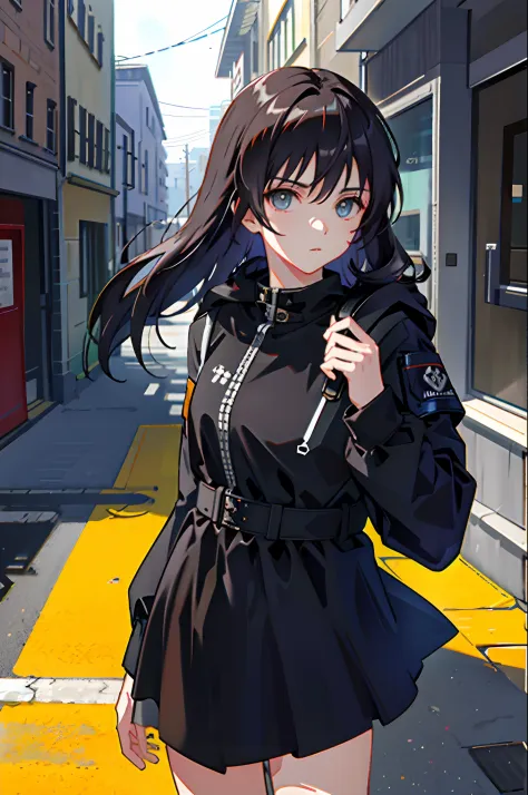 1girll，jaket，Sateen，exteriors，hoody，Open jacket，chain，backpacks，Look at the other person，messy  hair，Trends on ArtStation，8K分辨率，The is very detailed，anatomically correcte，Sharp images，digitial painting，concept-art，Trends on pixiv，Estilo de Makoto Shinkai，C...