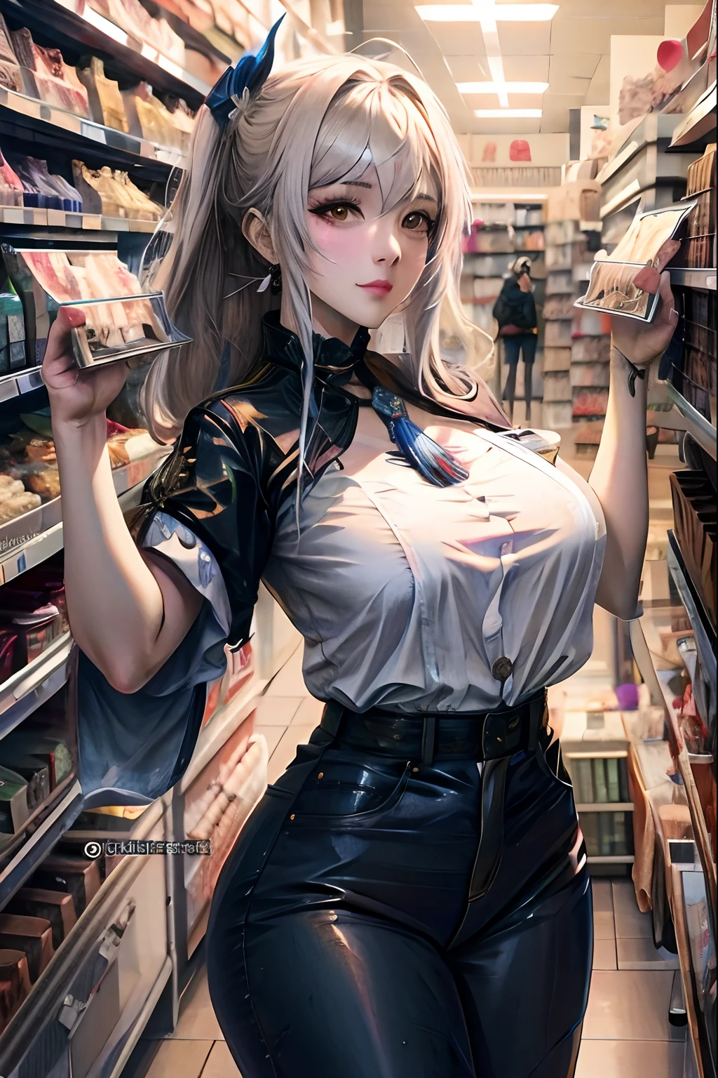 Tem uma mulher em uma loja com muita comida, Modelo IG | Artgerm, estação de arte guweiz e pixiv, Arte digital detalhada de anime, Artgerm extremamente detalhado, Guweiz e Artstation Pixiv, Tendências em ArtStation Pixiv, Mulher de anime linda e sedutora, Obras de arte al estilo de Guweiz