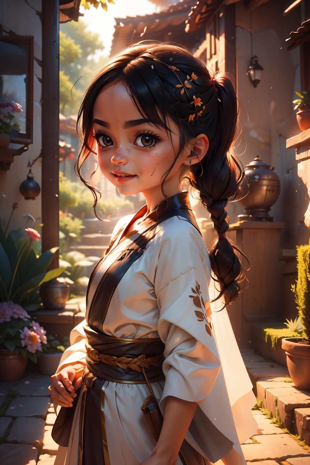 Kizi, Ink fairy, delicated, Light brown eyes, cabelos preto e longos, High ponytail, pigtails, Wings, Extreme light and shadow, Hanfu, palaces, Light, 8k wallpaper, Master painting, petals, lakes, bow and arrows, grin, Black eyes, swing, Perfect quality, Clear focus（Clutter - home：0.8）, （tmasterpiece：1.2） （realisticlying：1.2） （Bokeh） （best qualtiy） （detailedskin：1.3） （complexdetails） （8K） （detailedeyes） （Sharp focus）, （having fun）, Chiaroscuro, Cinematic lighting, Sony FE GM