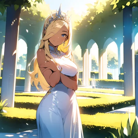 (obra maestra) (La mejor calidad) Una hermosa mujer vestida de blanco con una corona de hojas doradas en la cabeza. She is in a ...
