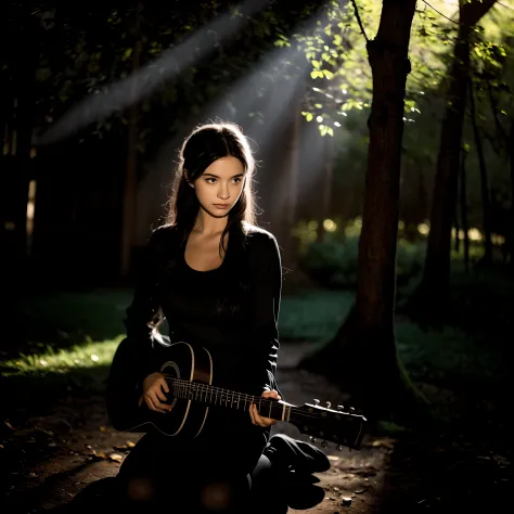Quiet nights:2，1 Girl sitting under a large tree in the forest，Holding a guitar in his hand，Playing beautiful melodies, dimly lit，darkly，cel shadow