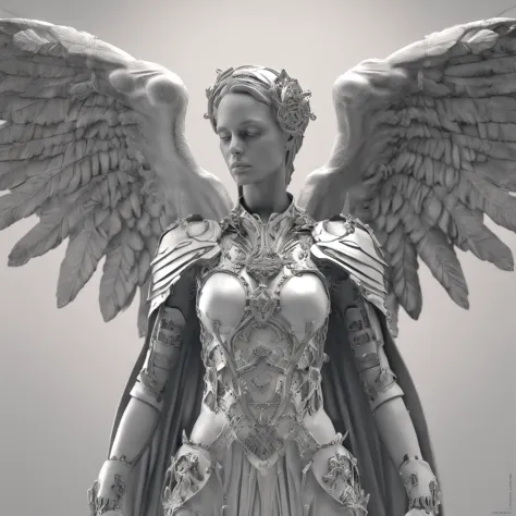 A closeup of a statue of an angel with wings, O Anjo da Morte, anjo da morte, unreal engine render + uma deusa, Vilania tem asas de anjo negro, the angel of death with a halo, angel in plastic armor, flowing white robes, Retrato do Anjo da Morte, angel kni...