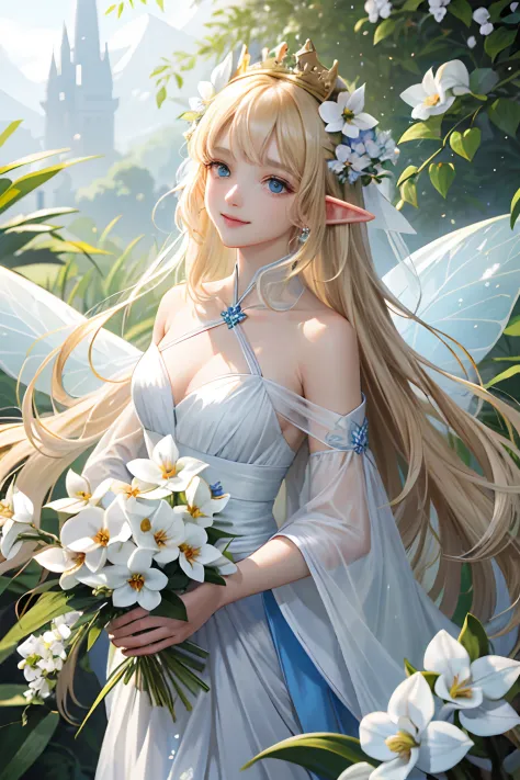 (Face Focus)、(1womanl、独奏、Crystal clear white skin、Beautie)、(a blond、The long-haired、Blue eyes、Elegant smile)、Phalaenopsis Fairy、White long dress、fairy wings、Hu Dilan、elf-ears、A forest with many phalaenopsis orchids blooming、Gold crown on the head、Phalaenop...