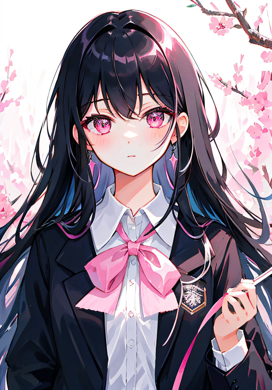 Masterpiece, Best quality, Ultra-detailed, illustration, Portrait, 1girll, black_Hair, Pink eyes,  Long hair,  ,