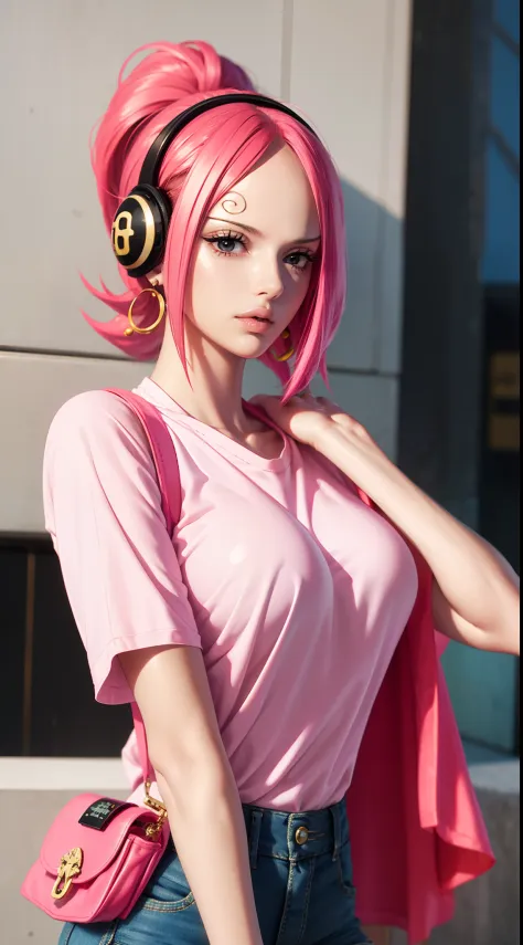 reiju from anime one piece, short hair, pink hair, wears headphones, ponytail, wears mascara, perfect body, perfect breasts, bea...