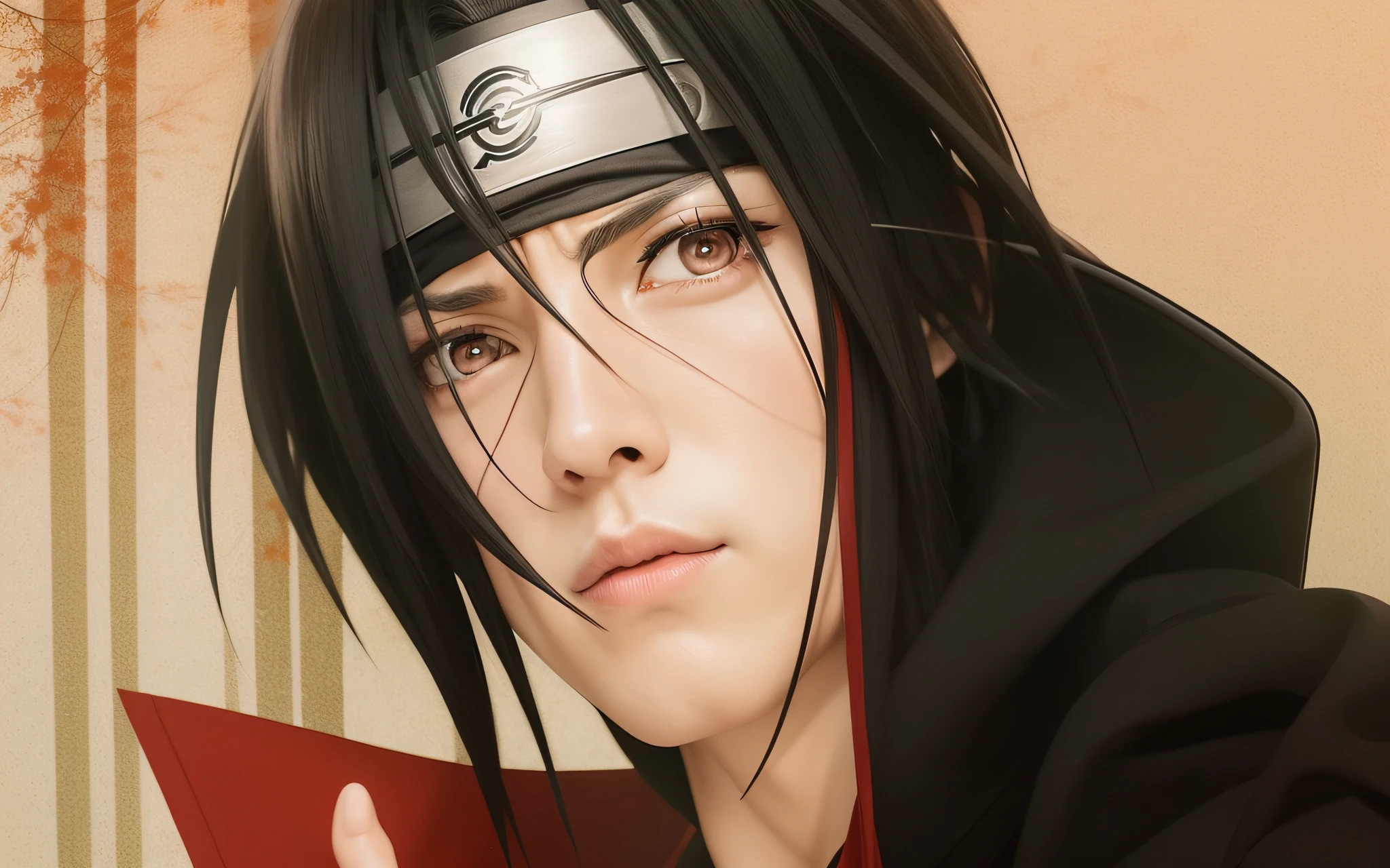 Itachi Uchiha, Olho vermelho, Bandana de cabeça Konoho, Cabelo preto, jaqueta akatsuki, colar com 3 círculos, rugas longas sob os olhos, homem adulto, legal, anime, naruto, Foto de paisagem