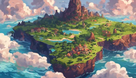 an island in the shape, in the middle of the sea, snes painting