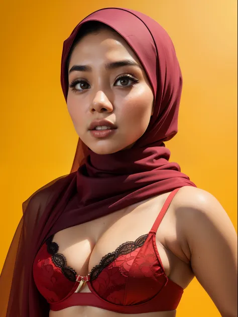 Malay woman in a red bra and panties in front of a yellow background, headshot profile picture, hijab, mira filzah, full portrait, on a yellow canva, portrait, portrait shot, photo of young malay woman, photo of a woman, potrait, full shot portrait, in yel...