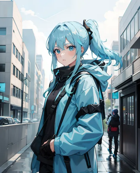 one-girl，Ice blue gradient ponytail，with long bangs，black facemask，Storm jacket，Carrying a rucksack，looking to the camera