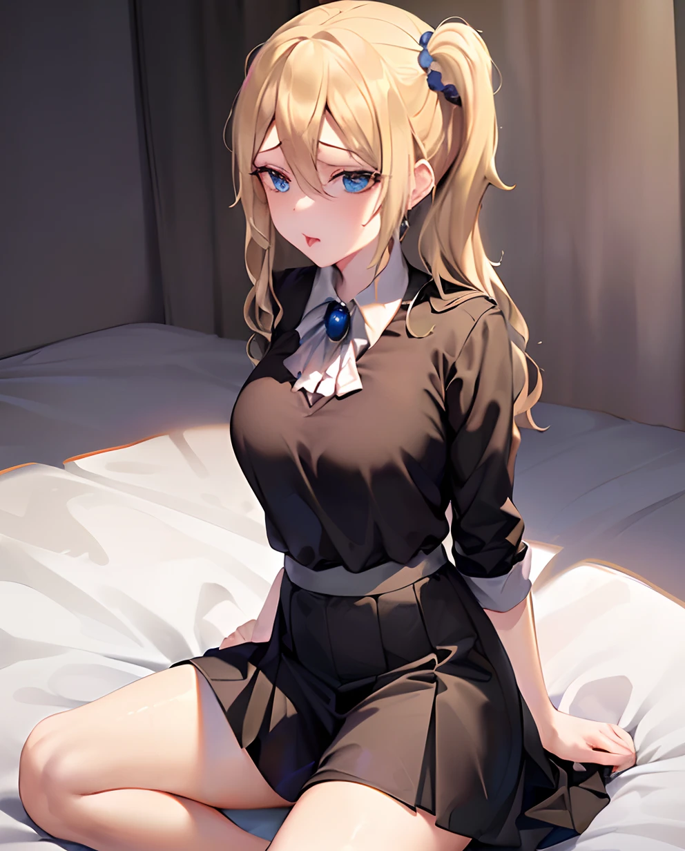 Anime girl sitting on a bed with a black dress and blue bow - SeaArt AI