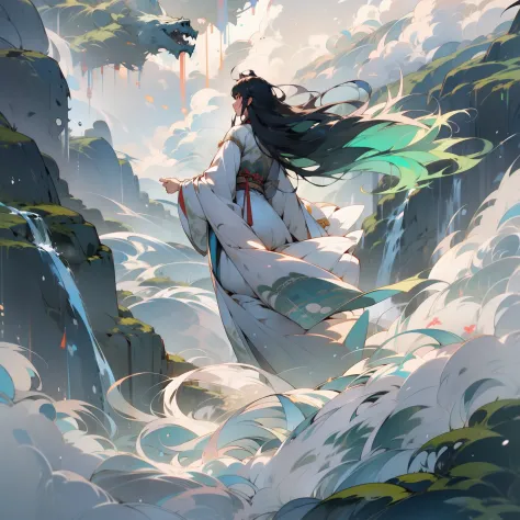 Flying Fairy，Back shadow，Green water and green mountains，Royal Sword Flight，long hair flowing，surrounded by cloud，Taoist robes and white clothes，No face to see，