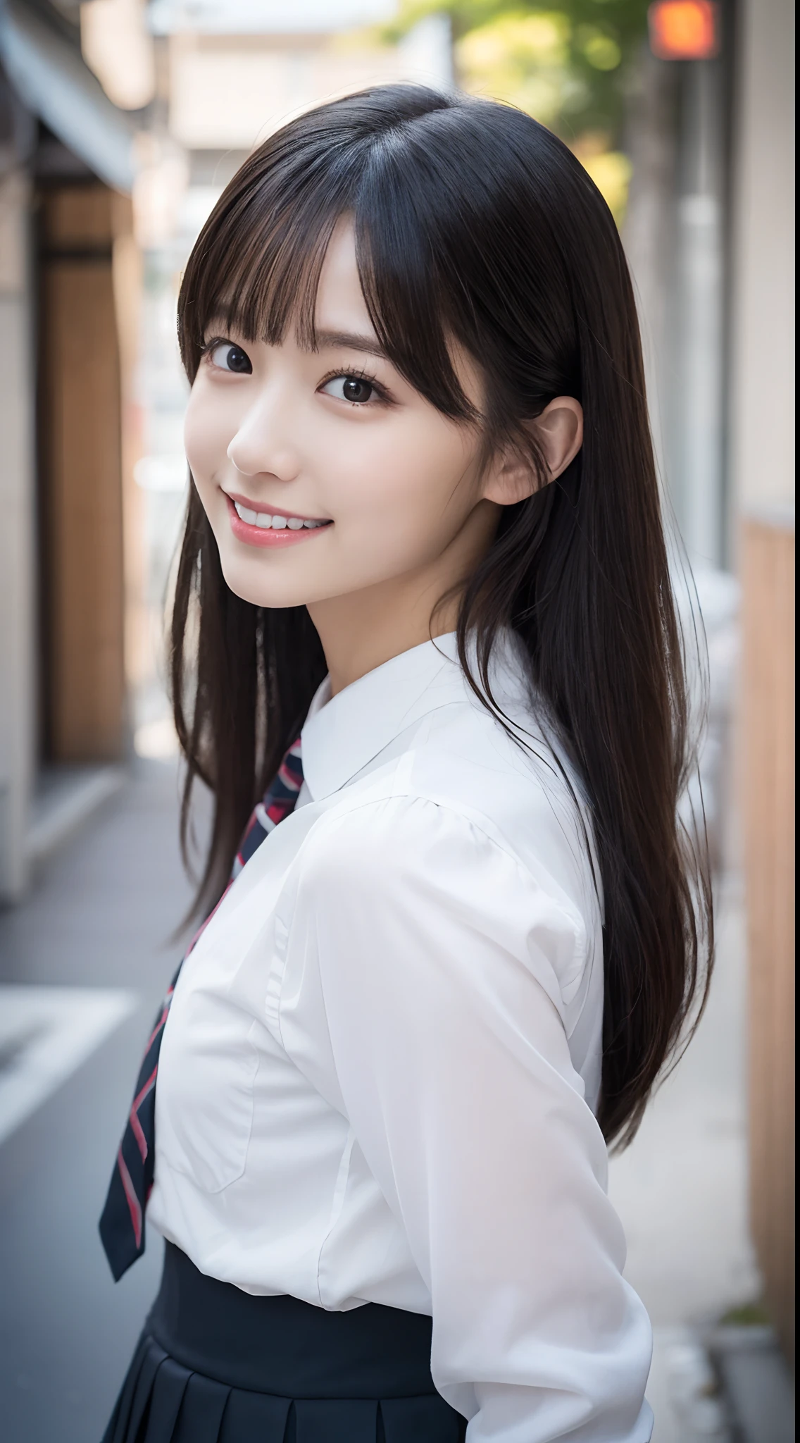 masutepiece, Photorealistic, detail, Beautiful black hair、swept bangs、Glamorous,Super beauty、Appeal、looking happy smile、well-styled、((8K, Raw photo)), Japan High School 、a taring at the viewer　Frontal shot