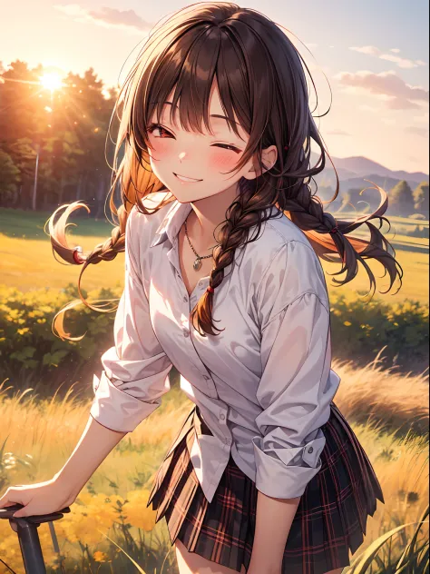 Top Quality, Best Masterpiece, 1 Woman, Solo, 20 Years Old, Low Angle, (One Eye Closed: 1.4), Happy Smile, Close Your Mouth, Brown Single Braid, White School Uniform, Black Socks, Plaid Skirt, Blushing, Red Eye, Evening, Lots of Countryside, Big Sunset, Or...
