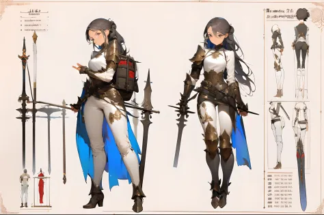 (masterpiece,best quality,absurdres,lineart:1.2),(character sheet:1.3),(same face:1.1),1girl,dynamic poses,medieval fantasy,accessories,(bulky backpack:1.1),spear,(dirty:1.2),armor,pants,youthful female soldier,white background, medieval, armored, rpg armo...