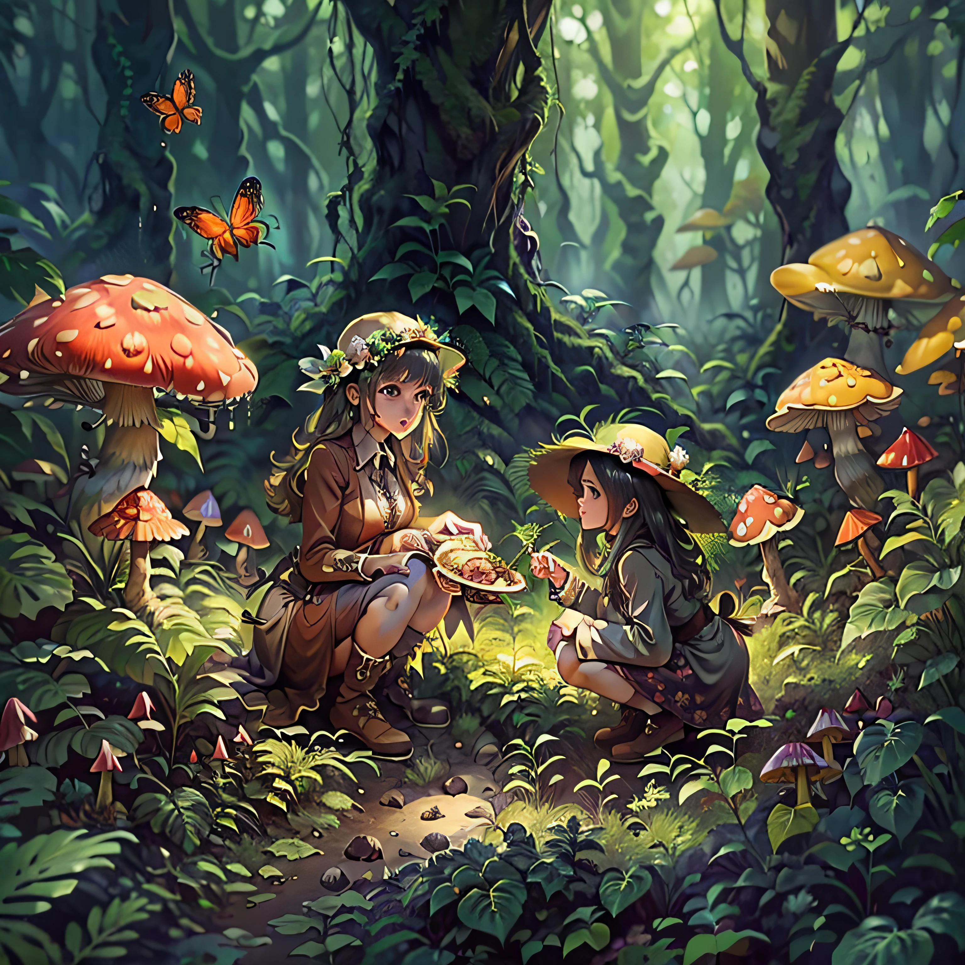 Girl and mother picking mushrooms, Squat，Anime lush bush 8K forest, In the magical forest, In the magical forest, Forest insects, Anime Nature, in a forest clearing, in a forest clearing, In the forest, anime nature wallpap, In the deep forest, In a forest, In the magical woods, enjoying a stroll in the forest, a magical forest，Lots of mushrooms，butterflys，dragonfly