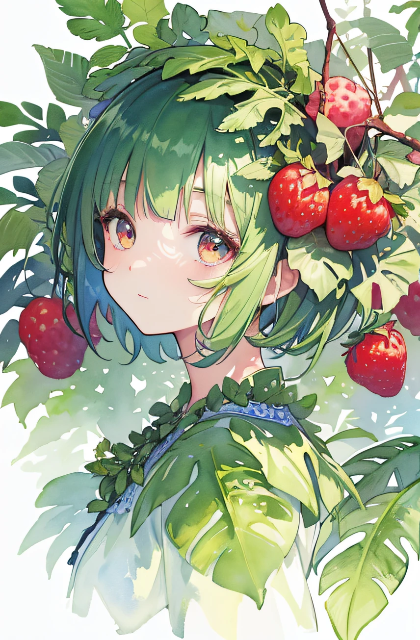 ((Incredibly detailed), #3b4195 background, stunning flowers, juicy berries, lush ferns, vibrant leaves, serene watercolor pattern), (Impressive watercolor texture), ((1 girl), adorable short hair, cute, hide hand)