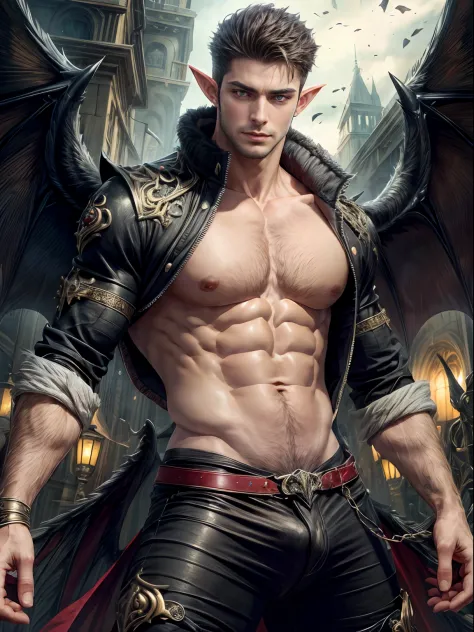 ((masterpiece, best quality, high resolution)) A handsome man with black demon wings, red eyes, pointy ears, muscular