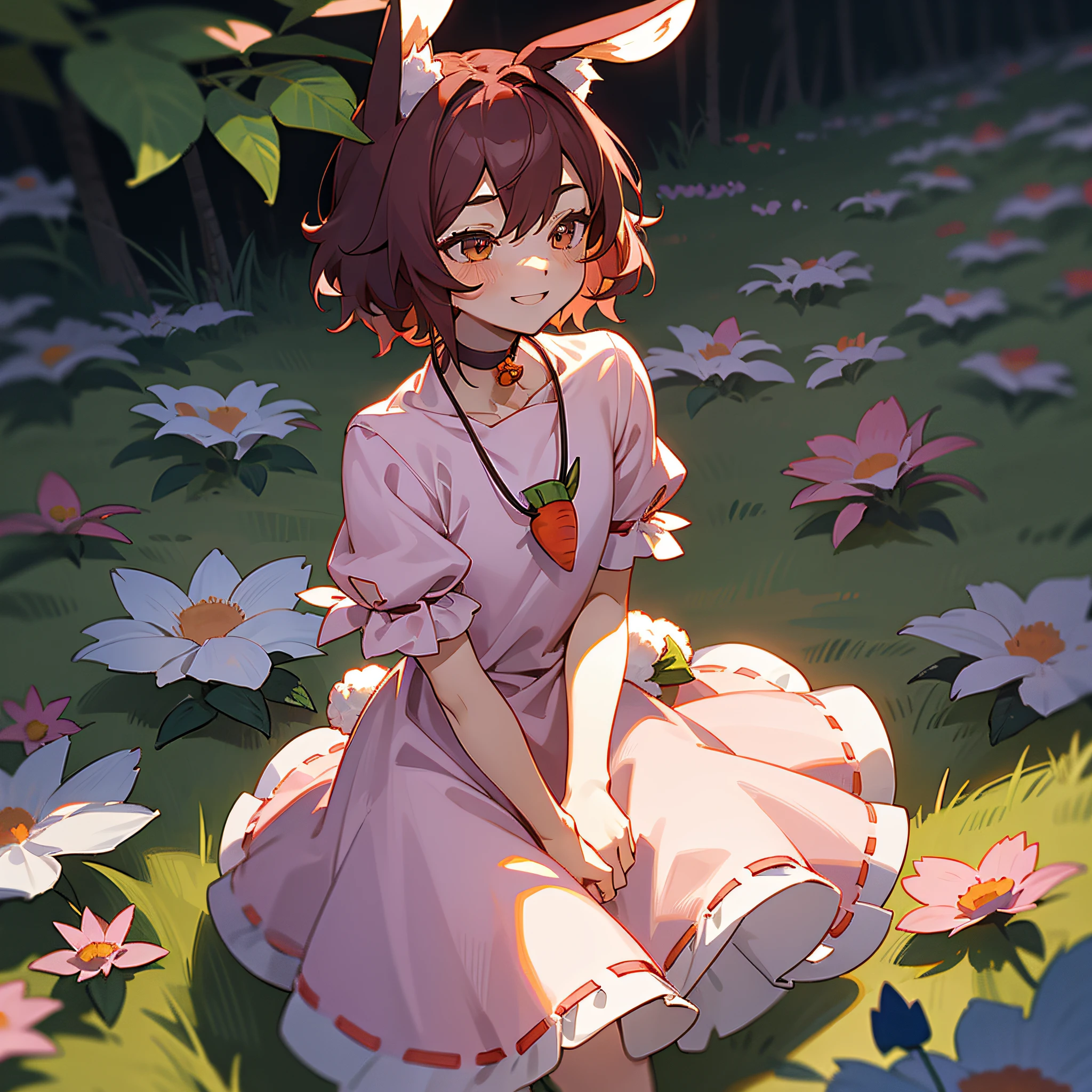 A boy with，独奏，Inaba Tevie，jewely，Animal ear，florals，shift dresses，Rabbit ears，choker necklace，ssmile，short- sleeved，Pink dress，brunette color hair，Carrot necklace，short detailed hair，Blue flowers，Red flowers，looking at viewert，Fluffy skirt，grinning smile，rosette