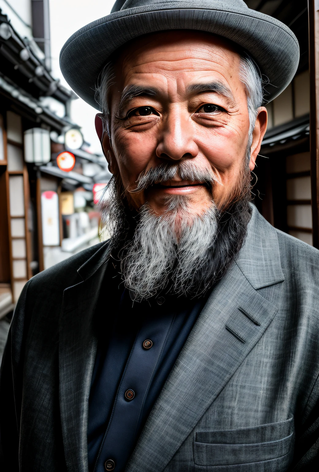 бородатый,60-летний японец RAW-фото Японии, Кинематографический, подробности, фотореалистичный, гиперреалистичная фотография, 8к ухд, Цифровая зеркальная фотокамера, мягкое освещение, высокое качество, зернистость, ФУДЗИ ХТ3, (стол),