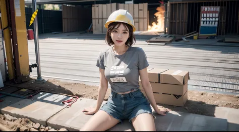 full body portrait of a middle-aged woman on a construction site，sit on building materials，hardhat，denim short，shabby gray t-shi...