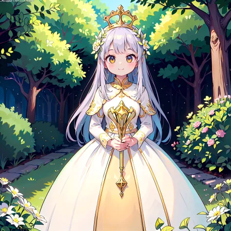 (obra maestra) (La mejor calidad) Una hermosa mujer vestida de blanco con una corona de hojas doradas en la cabeza. She is in a ...