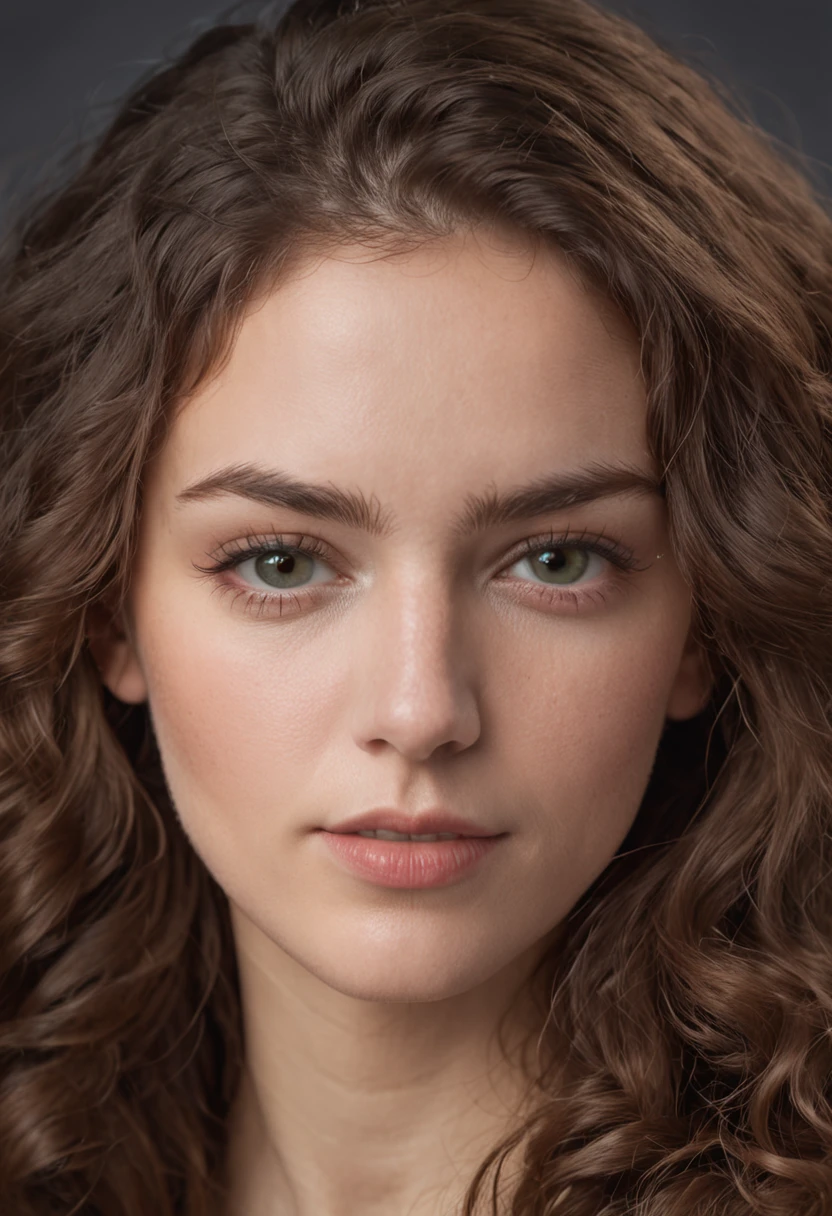 masterpiece studio portrait of a beautiful 24 year old french woman, she is a curly haired bushy brunette, shy expression, green eyes, Front face Professional color grading, sombras suaves, sem contraste, clean sharp focus, cinematic movie photograph