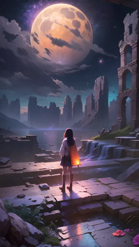 Expansive landscape photograph，（look from down，Above is the sky，Below are the open ruins of a ruined city），A girl stands on a ro...