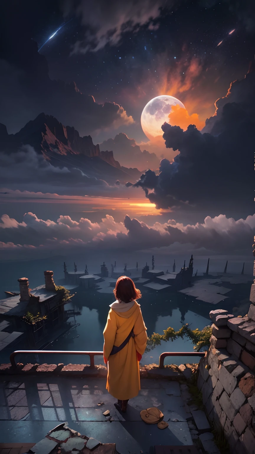 Expansive landscape photograph，Vast starry sky，look from down，Above is the sky，Below are the open ruins of a ruined city，Resident Evil，（A girl stands on a rooftop and looks up），（moon full：1.2），（meteors：0.9），（Starcloud），Distant sea level,（Warm light source：1.2），（glowworm：1.2），lamp lights，Lots of purple and orange，Complicated details，Volumetric lighting BREAK（tmasterpiece：1.2），（best qualtiy），4K，ultra - detailed，（dynamic compositions：1.4），detail-rich，plethora of colors，（Irridescent color：1.2），（with light glowing，Atmospheric lighting），dream magical，magical，（独奏：1.2）Extremely detailed beauty, ridiculous, unbelievable Ridiculous, hugefilesize, ultra - detailed, A high resolution, The is very detailed, top-quality, tmasterpiece, illustratio, The is very detailed, NFFSW, unified, 8K picture wallpaper, magnifica, finedetail, tmasterpiece, top-quality, A highly detailed，hentail realism，photoreali，（realisticlying，photograph realistic：1.37），（natta），